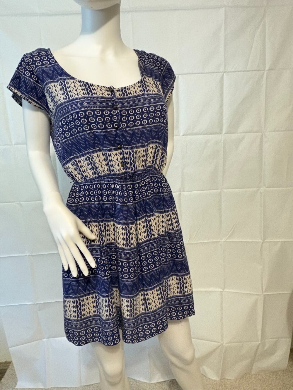 Forever 21 Blue Boho Tribal Print Open Back Skater Dress Size Small